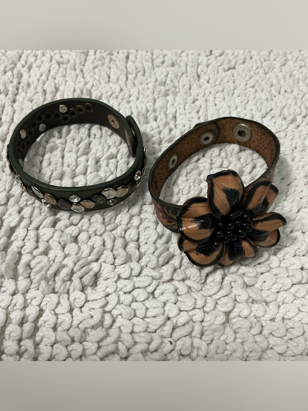 Bundle of 2 Black Leather Snap Bracelets Flower Tri color Stud